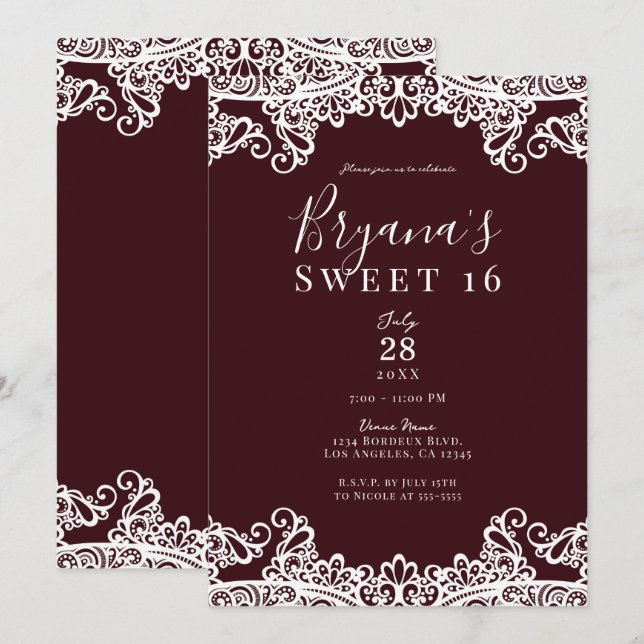 Bordeaux Wine White Lace Elegant Sweet 16 Party   Invitation (Front/Back)