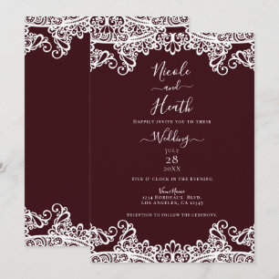 Bordeaux Wine & White Lace Elegant Wedding Invitation