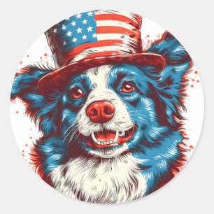 Border colie with an American flag hat Classic Round Sticker