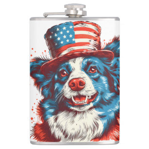 Border colie with an American flag hat Hip Flask