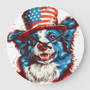 Border colie with an American flag hat Large Clock