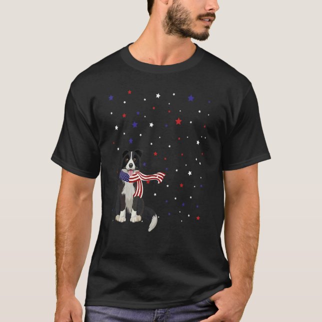 Border Collie American Flag Scarf 4th Of July T-Shirt (Front)