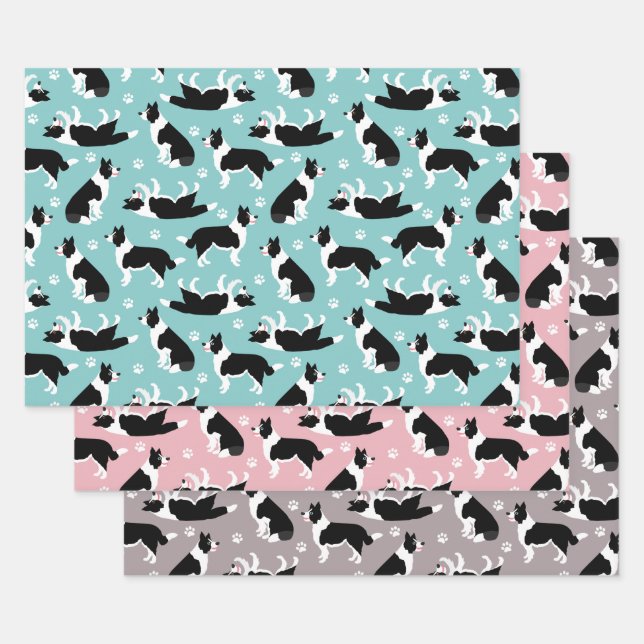 Border Collie and Paw Print Wrapping Paper Sheet (Set)