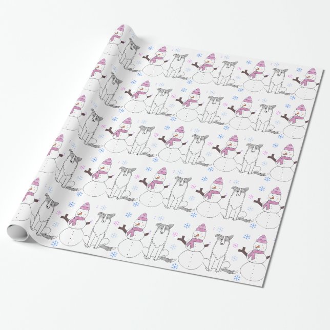 Border Collie And Snowman Wrapping Paper (Unrolled)