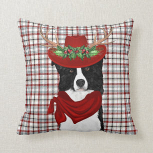 Border Collie and Western Plaid Christmas Dog Cushion