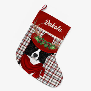 Border Collie and Western Plaid with Dog's Name Large Christmas Stocking