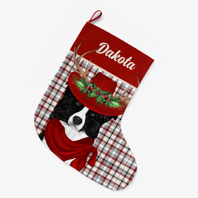 Border Collie and Western Plaid with Dog's Name Large Christmas Stocking (Front (Hanging))