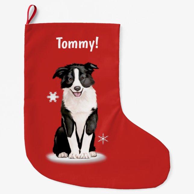 Border Collie at Christmas Name Customisable Large Christmas Stocking (Front)