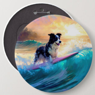 Border Collie Beach Surfing Painting 6 Cm Round Badge
