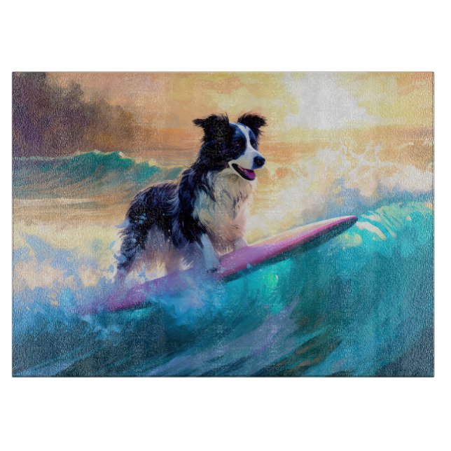 Border Collie Beach Surfing Painting Cutting Board (Front)
