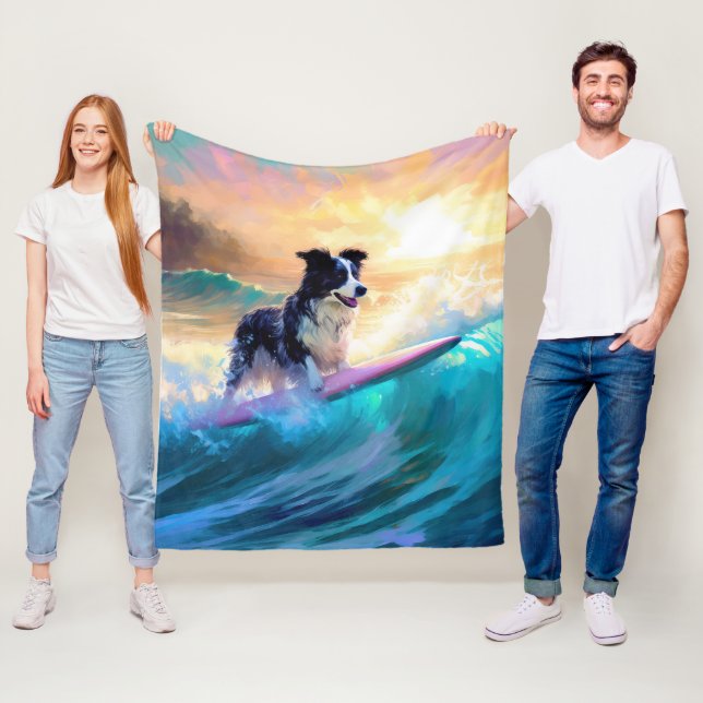 Border Collie Beach Surfing Painting Fleece Blanket (In Situ)