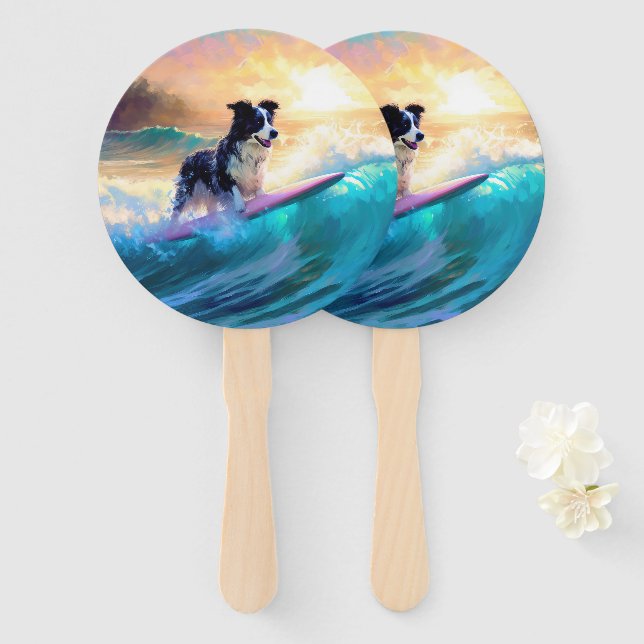 Border Collie Beach Surfing Painting Hand Fan (Front and Back)