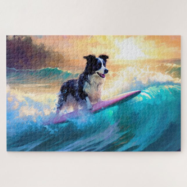 Border Collie Beach Surfing Painting Jigsaw Puzzle (Horizontal)