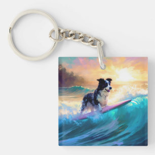 Border Collie Beach Surfing Painting Key Ring