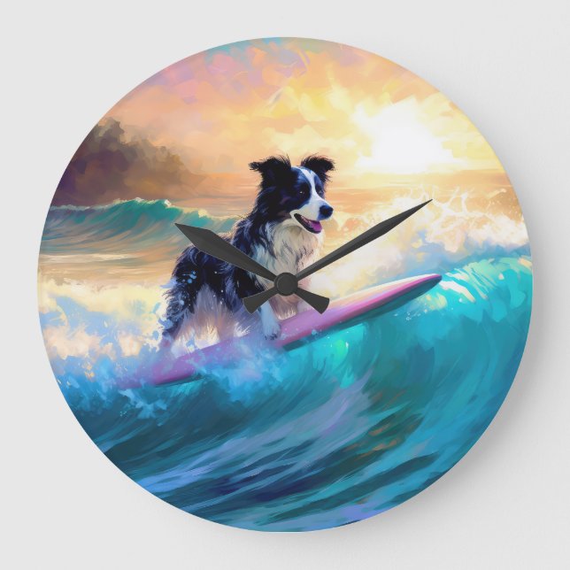 Border Collie Beach Surfing Painting Large Clock (Front)