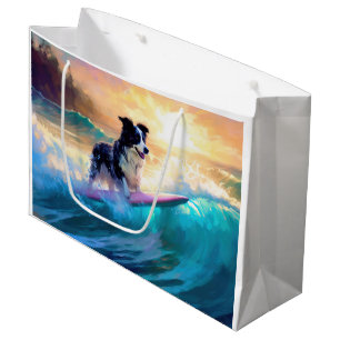 Border Collie Beach Surfing Painting Large Gift Bag