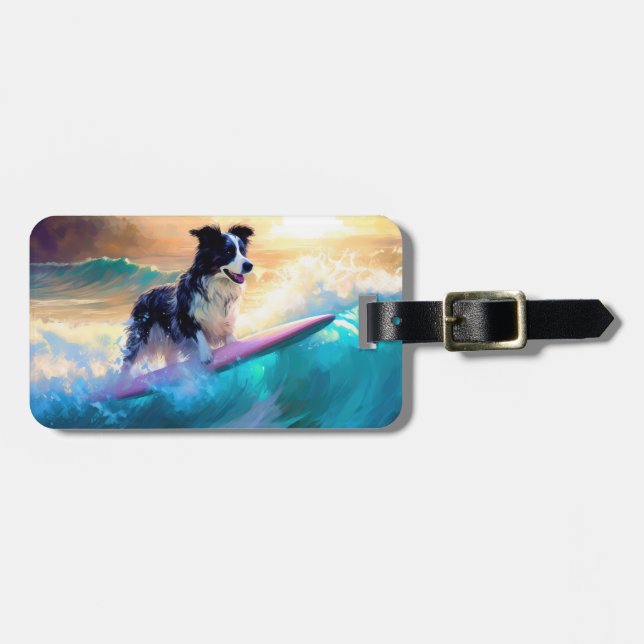 Border Collie Beach Surfing Painting Luggage Tag (Front Horizontal)