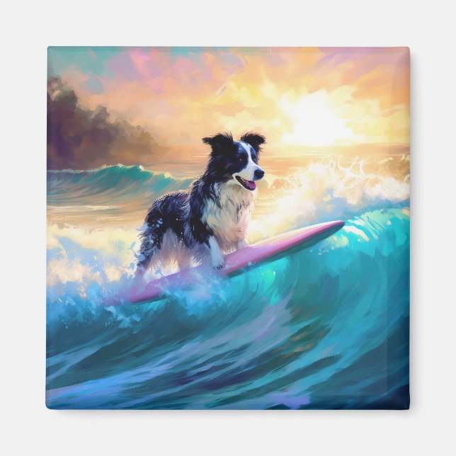 Border Collie Beach Surfing Painting Magnet (Front)