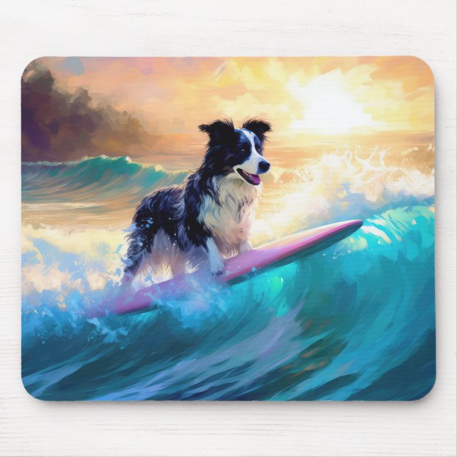 Border Collie Beach Surfing Painting Mouse Mat (Front)