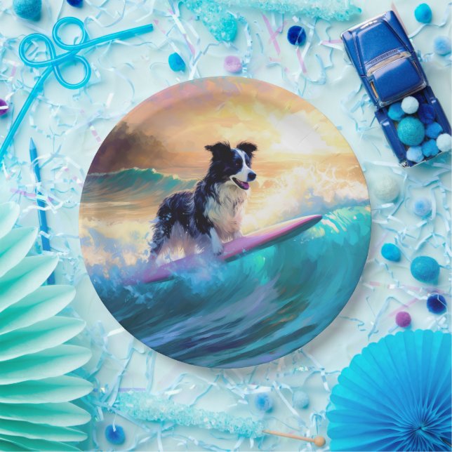 Border Collie Beach Surfing Painting Paper Plate (Party)