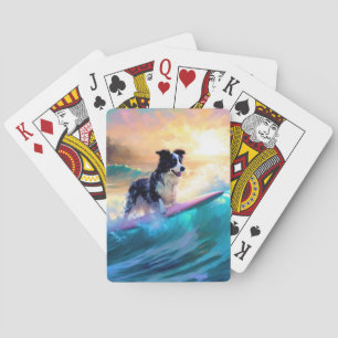 Border Collie Beach Surfing Painting Playing Cards