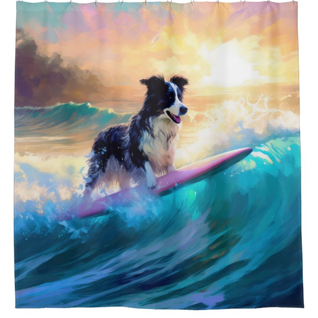 Border Collie Beach Surfing Painting Shower Curtain (Front)