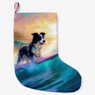Border Collie Beach Surfing Painting Small Christmas Stocking