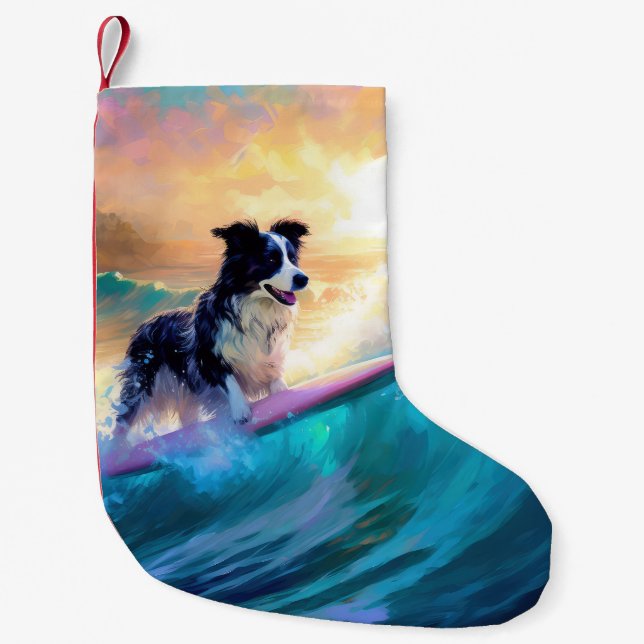 Border Collie Beach Surfing Painting Small Christmas Stocking (Front)