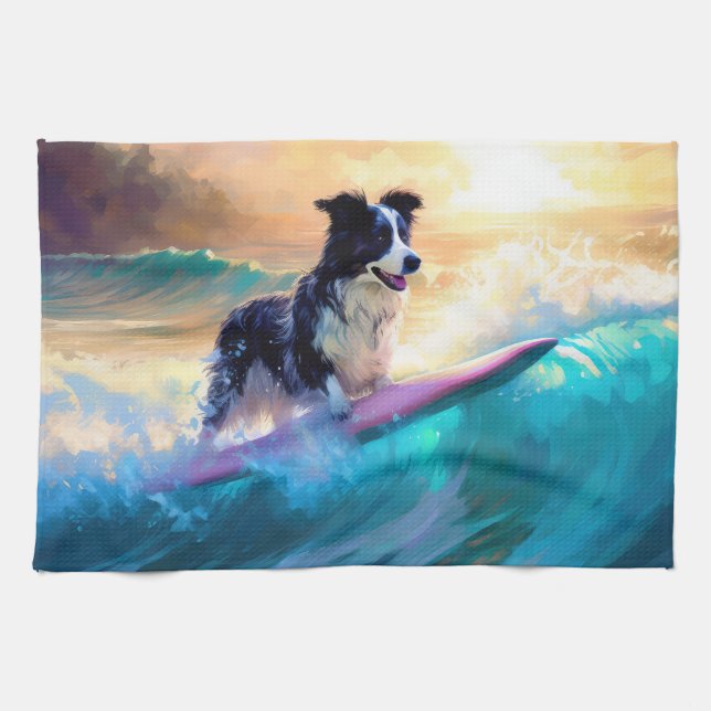Border Collie Beach Surfing Painting Tea Towel (Horizontal)