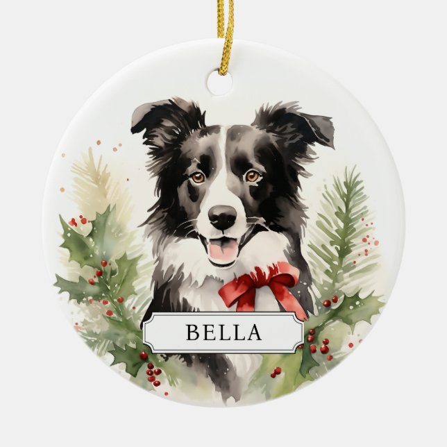 Border Collie Ceramic Circle Ornament (Front)