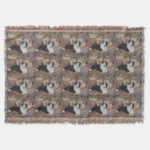 border collie chickens in log shed dog portrait throw blanket
