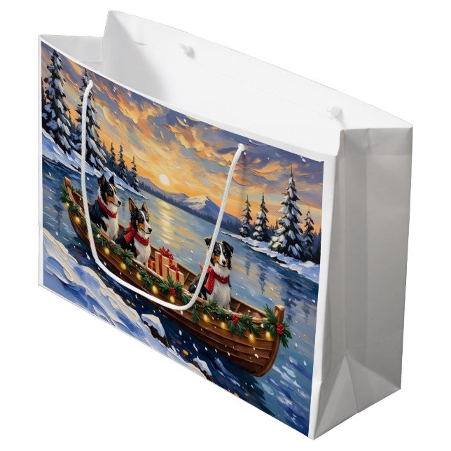 Border Collie Christmas Boat Holiday Large Gift Bag (Front Angled)