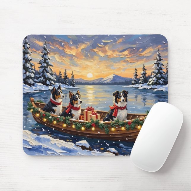 Border Collie Christmas Boat Holiday Mouse Mat (With Mouse)