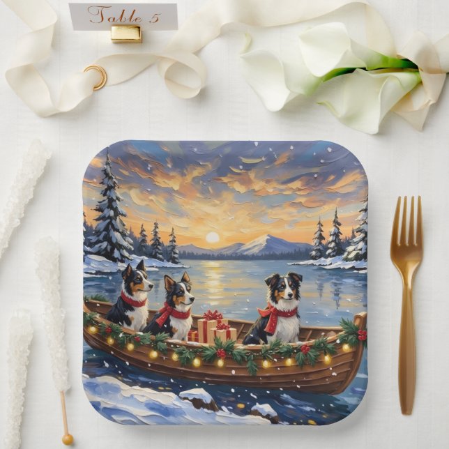 Border Collie Christmas Boat Holiday Paper Plate (Wedding)