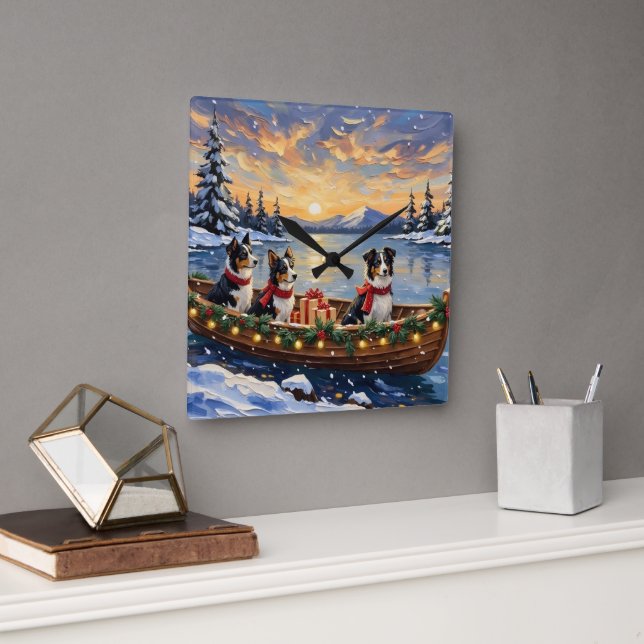 Border Collie Christmas Boat Holiday Square Wall Clock (Office)