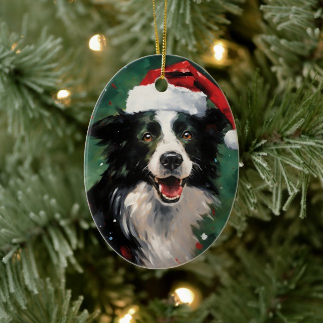 Border Collie Christmas brush painting artwork Ceramic Tree Decoration (Tree)