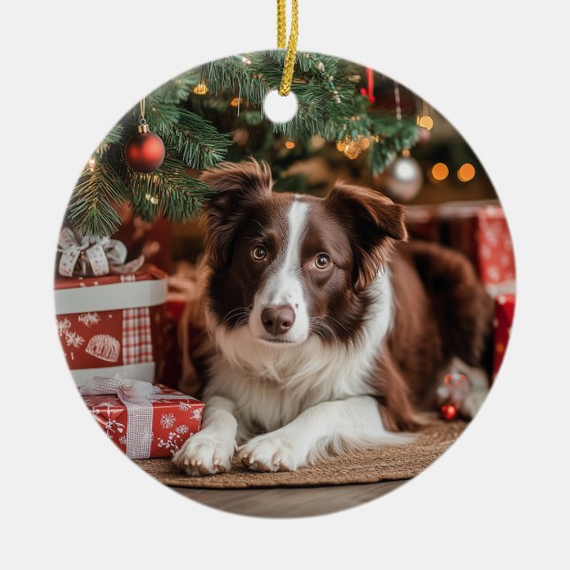 Border Collie Christmas Ceramic Tree Decoration (Front)