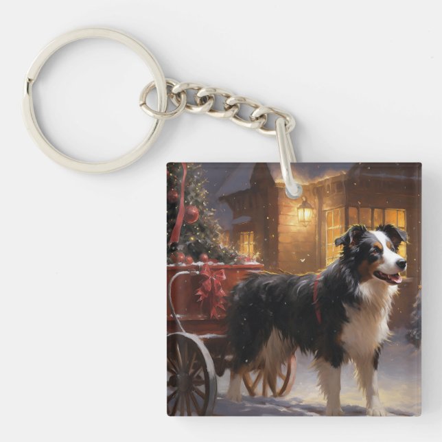 Border Collie Christmas Festive Season Key Ring (Front)