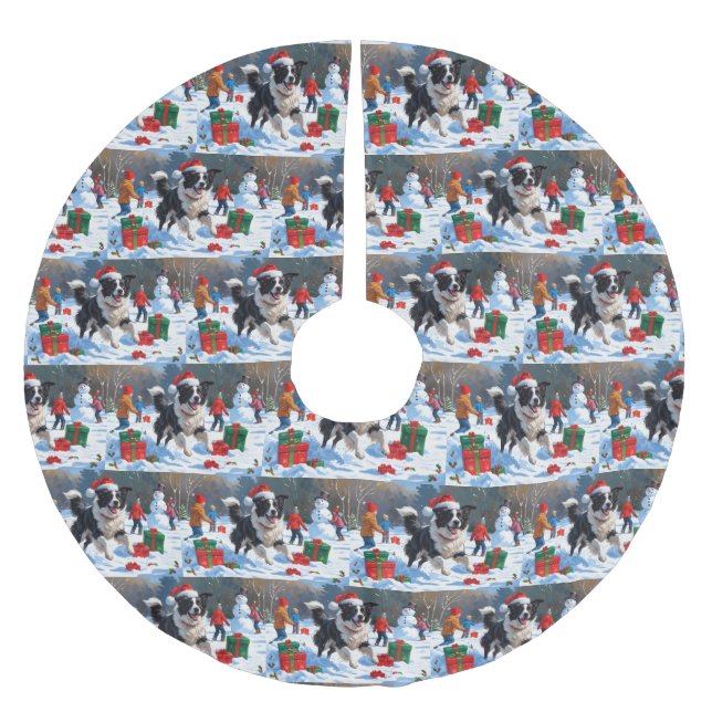 Border Collie Christmas Festive Snow Scene Brushed Polyester Tree Skirt (Front)