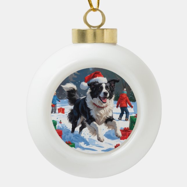 Border Collie Christmas Festive Snow Scene Ceramic Ball Christmas Ornament (Front)
