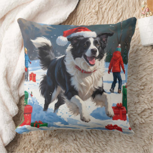 Border Collie Christmas Festive Snow Scene Cushion