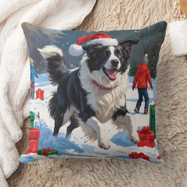 Border Collie Christmas Festive Snow Scene Cushion (Blanket)