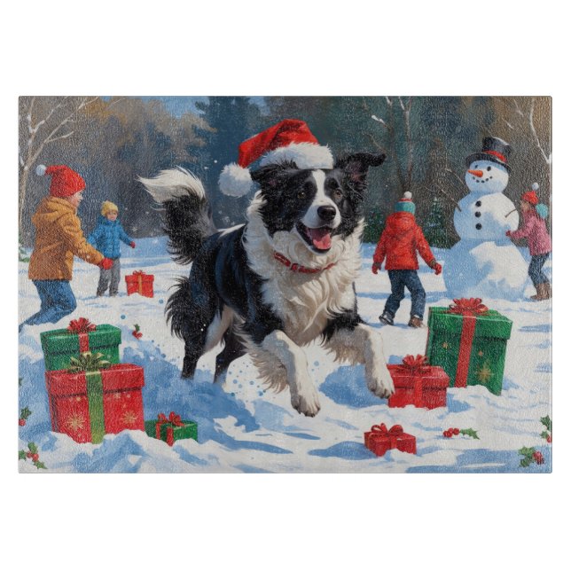 Border Collie Christmas Festive Snow Scene Cutting Board (Front)
