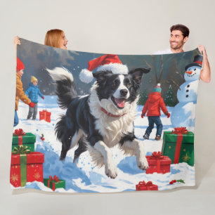 Border Collie Christmas Festive Snow Scene Fleece Blanket