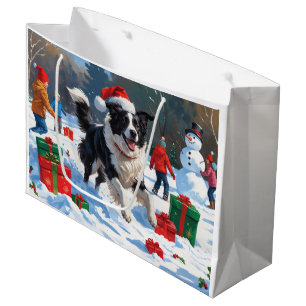 Border Collie Christmas Festive Snow Scene Large Gift Bag