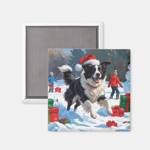 Border Collie Christmas Festive Snow Scene Magnet
