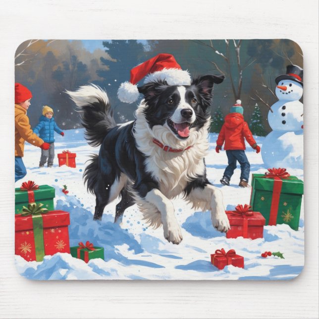 Border Collie Christmas Festive Snow Scene Mouse Mat (Front)