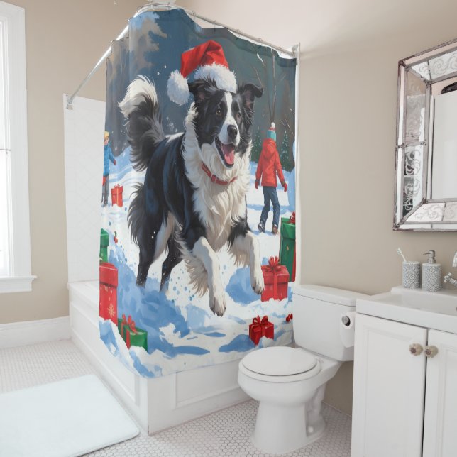 Border Collie Christmas Festive Snow Scene Shower Curtain (In Situ)
