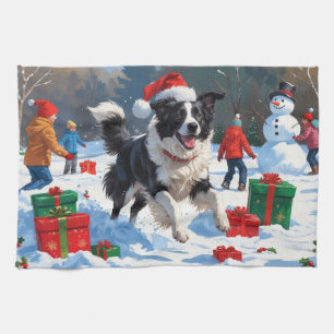 Border Collie Christmas Festive Snow Scene Tea Towel
