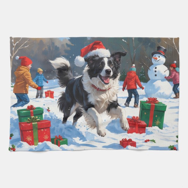 Border Collie Christmas Festive Snow Scene Tea Towel (Horizontal)